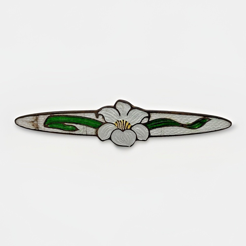 Vintage Art Nouveau Style Enamel Floral Brooch C Clasp Bronze Tone 2.5 In